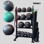 Functional training storage rack package with kettlebells, yoga balls, resistance bands, stretch mats, foam rollers, wall balls & slam balls