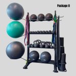 Studio & wellness storage rack package with rubber hex dumbbells, kettlebells, yoga balls resistance band, stretch mats, foam rollers, wall balls & slam balls