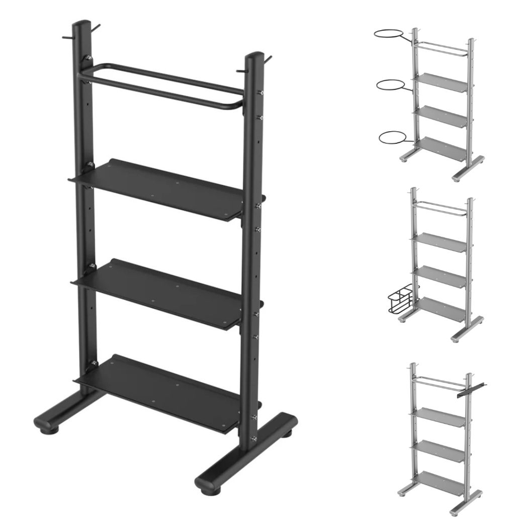 RawX multi storage Accessory Rack 4 tier storage rack for kettlebells, dumbbells, bosu ball, foam rollers, hanging mats, resistance cords, strength bands, jump ropes and med/slam balls in commercial fitness rooms